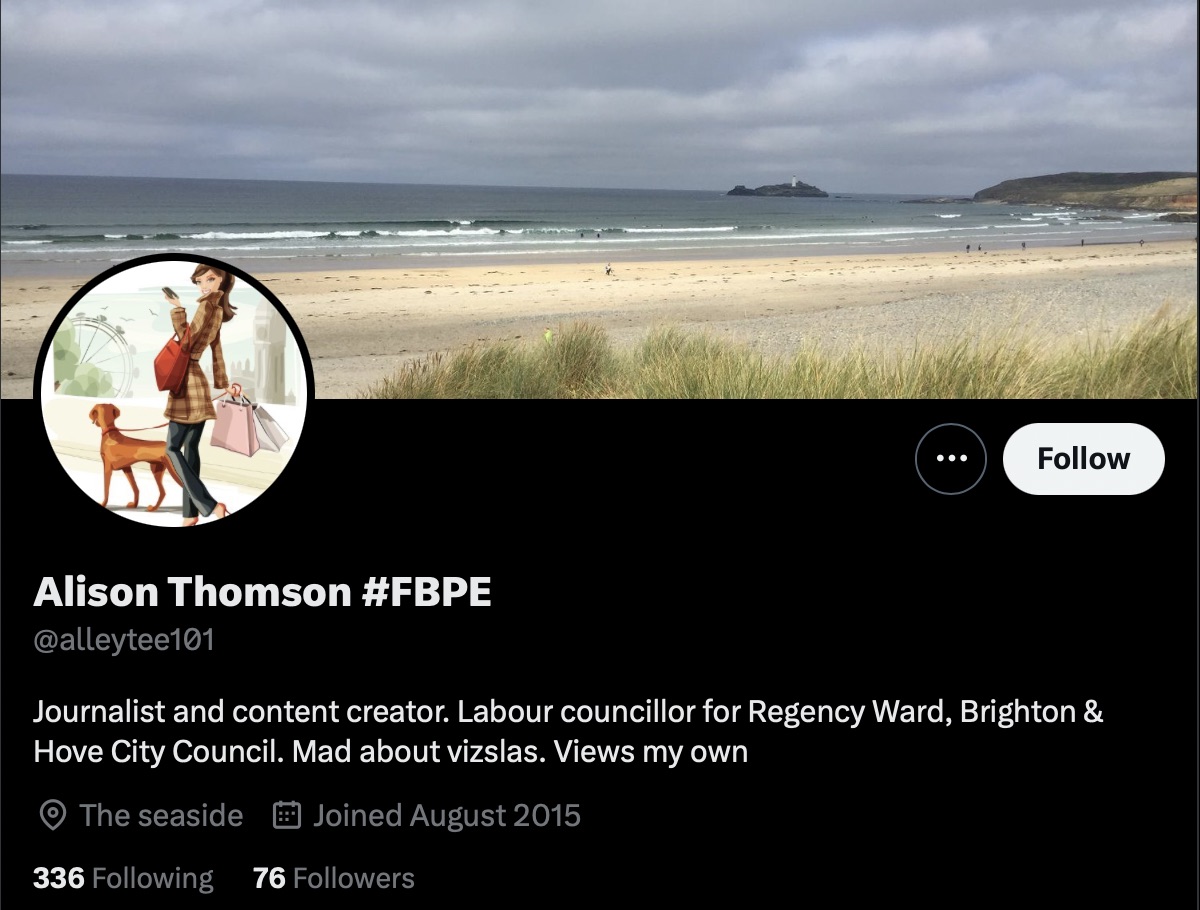 Screenshot of Cllr Alison Thomson's twitter profile, with the name 'Alsion Thomson #FBPE' and the bio 'Journalist and content creator. Labour councillor for Regency Ward, Brighton & Hove City Council. Mad about vizslas. Views my own'. Her twitter handle is @alleytee101.
