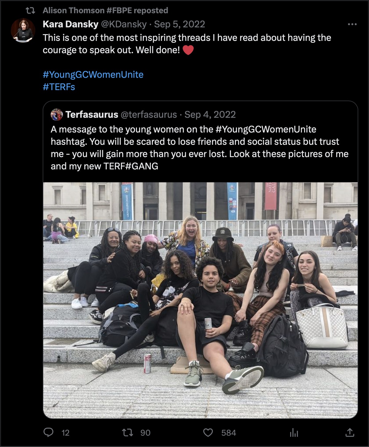 Screenshot of a tweet retweeted by Cllr Alison Thomson which promotes a thread of young so-called 'Gender Critical' women and uses the hashtags '#YoungGCWomenUnite' and '#TERFS'